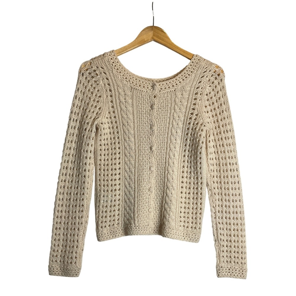 Lucky Brand Cardigan Wool Blend Crotchet Button Up Fisherman Cable Knit Cottage